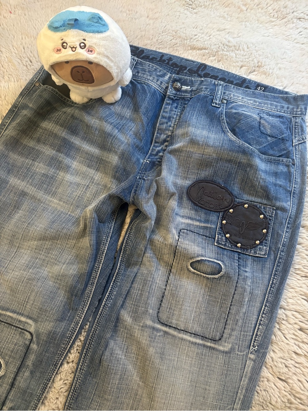 Relaxed Blue Men's Jeans with Patch & Stud Detail